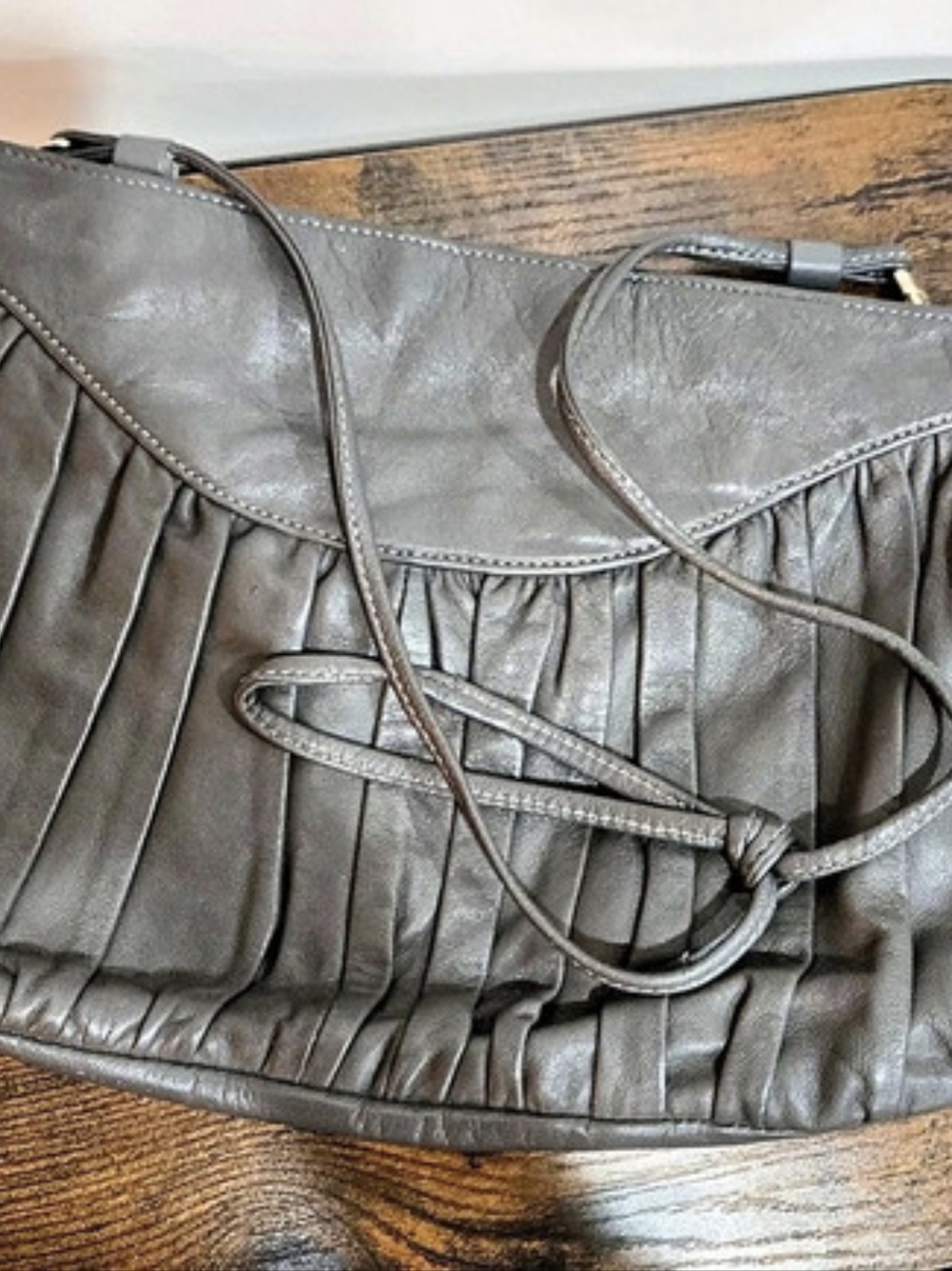 Vintage Dame NYC by David Mehler Grey Leather Pleated Shoulder Bag Retro 80s